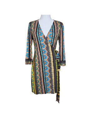 DVF Diane Von Furstenberg Womens 100% Silk Geometric Tribal Jersey Wrap Dress 10